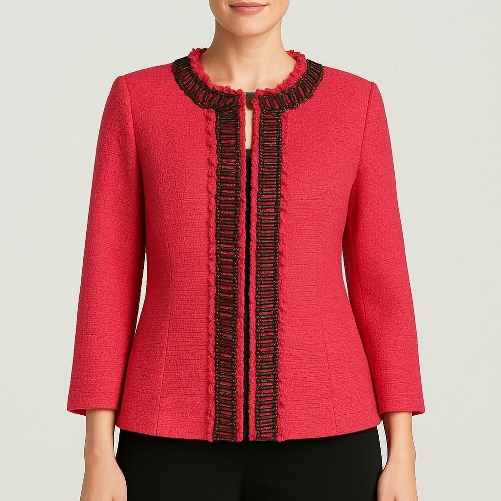 Boston Proper Coral Tweed Blazer Size 10 Chain Trim Embellished Cotton Jacket